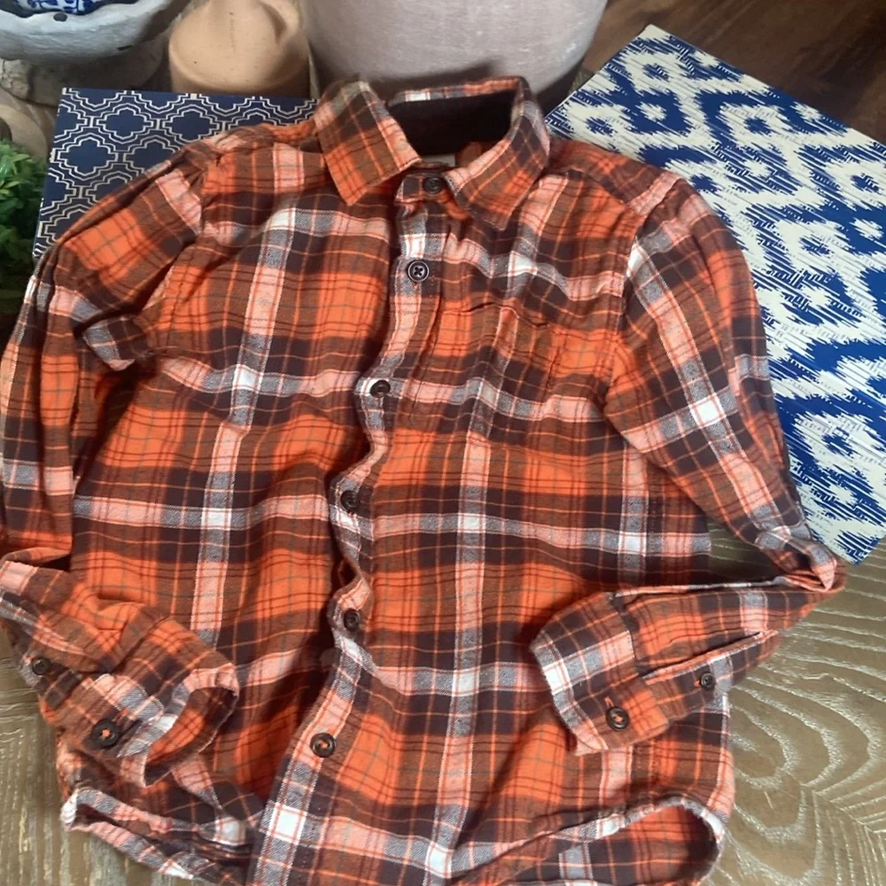 Boys Gymboree Orange Creamy White & Chocolate Brown Plaid Flannel Shirt